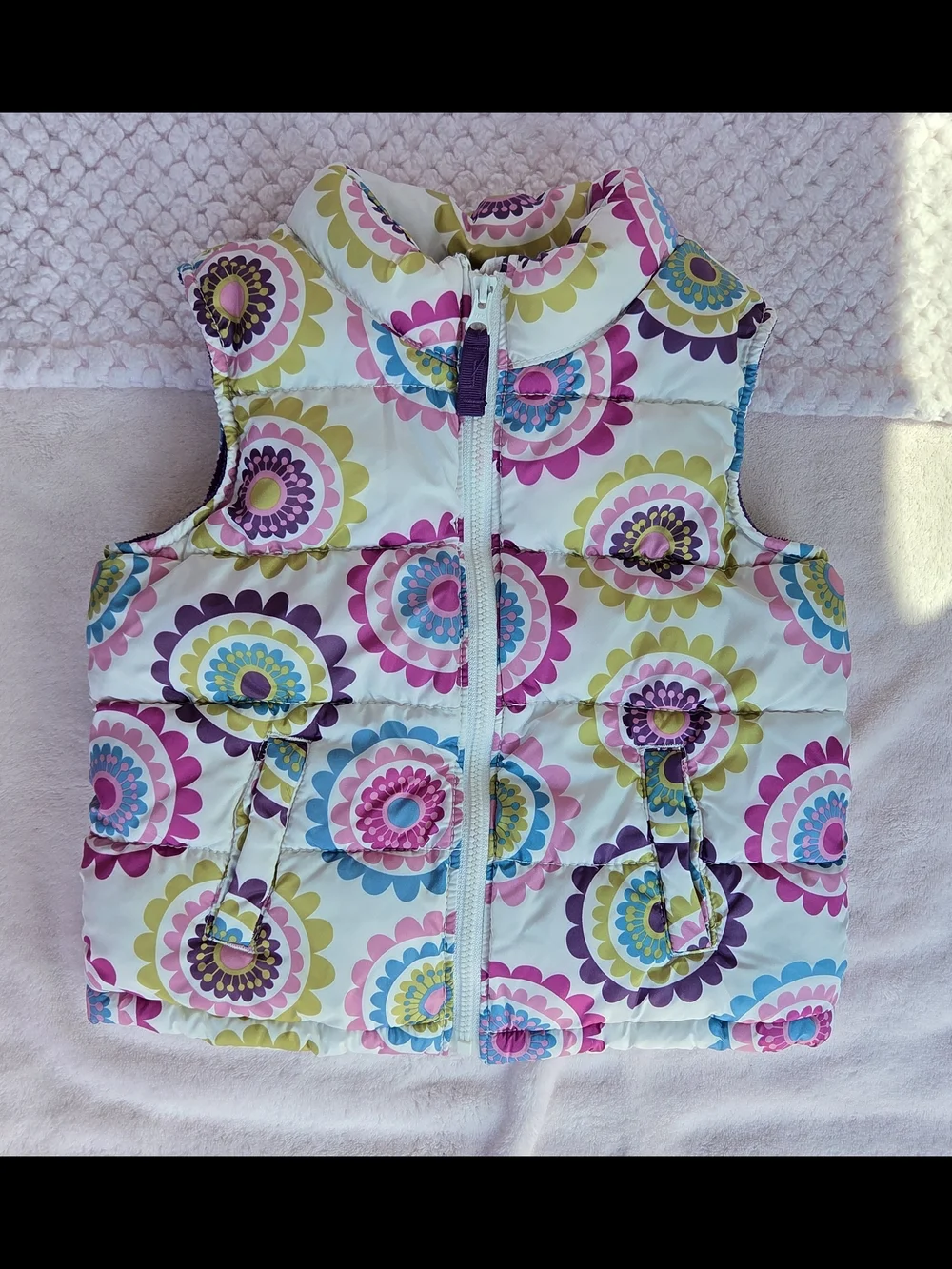 Old Navy Floral Puffer Vest - White with Pink, Purple & Blue